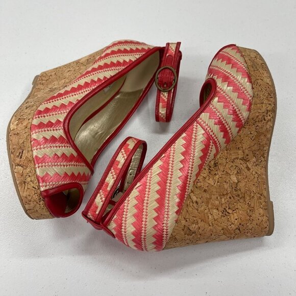 Joyfolie Alma Tangelo Straw Wedge Peep Toe 4.5" Slip On Heel Shoes Womens sz 9.5 - Picture 6 of 8